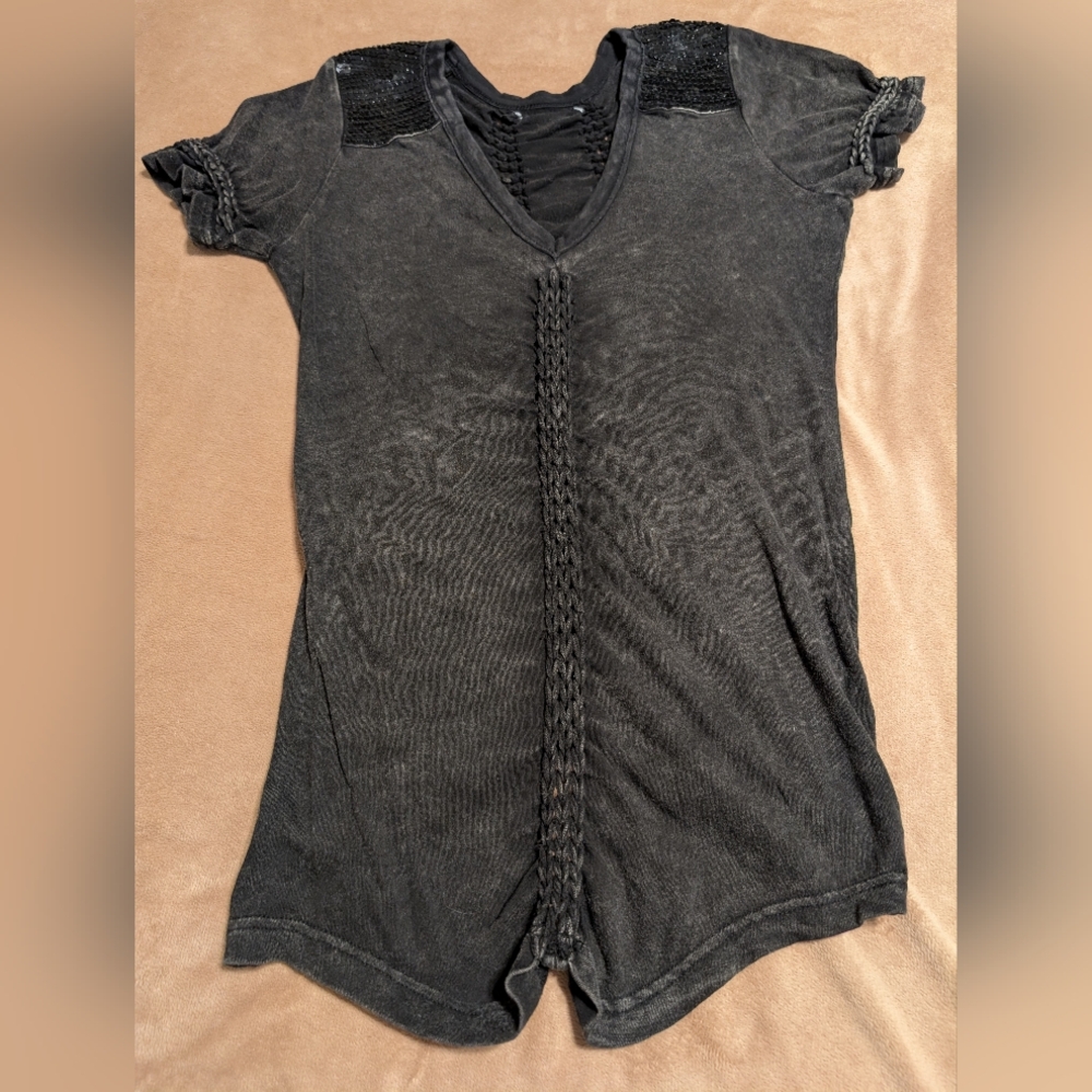 Miss Me® Washed Out Look Black Short Sleeve Cotton Top With Black Sequins